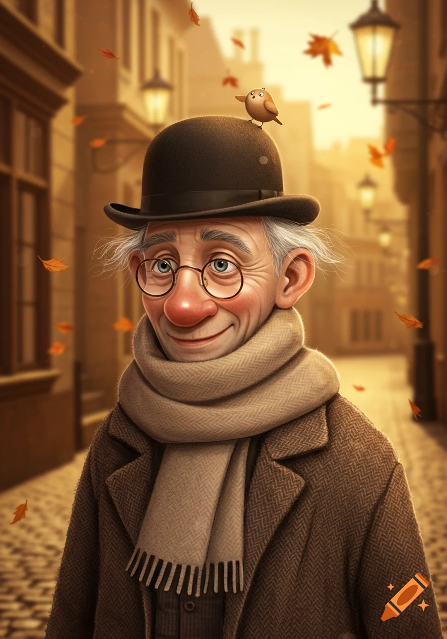 A smiling, cartoonish old man with a large red nose, round glasses, a brown bowler hat with a bird, and a beige scarf, walks on an autumn street with falling leaves.