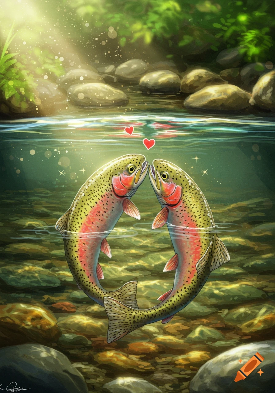 Two colorful rainbow trout nose-to-nose with red hearts above them, swimming in a sunlit stream with rocks and greenery.