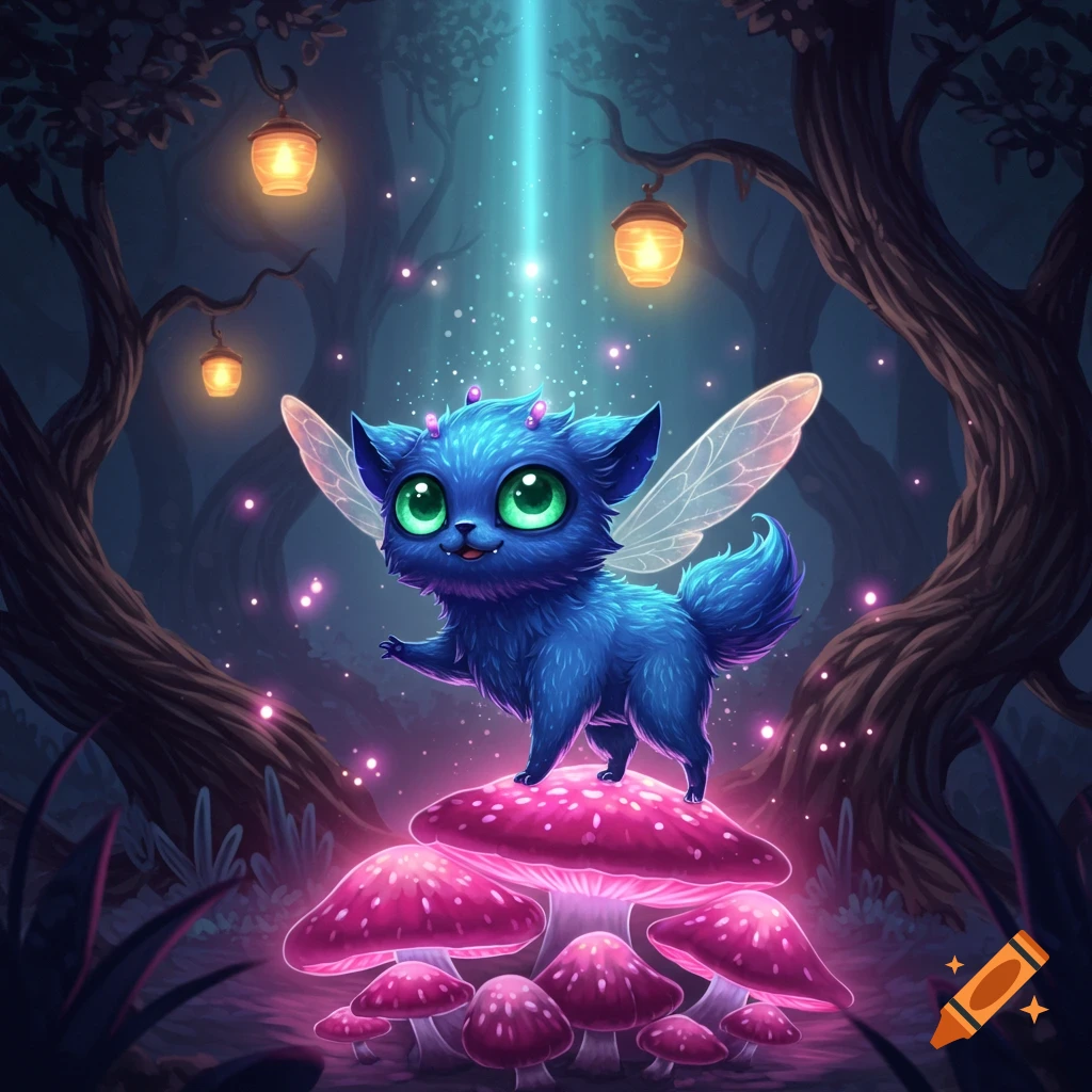 A cute blue furry creature with big green eyes and fairy wings stands on glowing pink mushrooms in a magical forest.