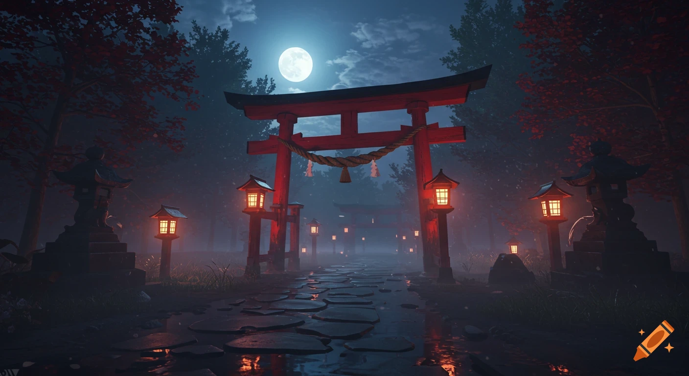 A foggy night scene with red Japanese torii gates and glowing lanterns lining a stone path under a full moon.