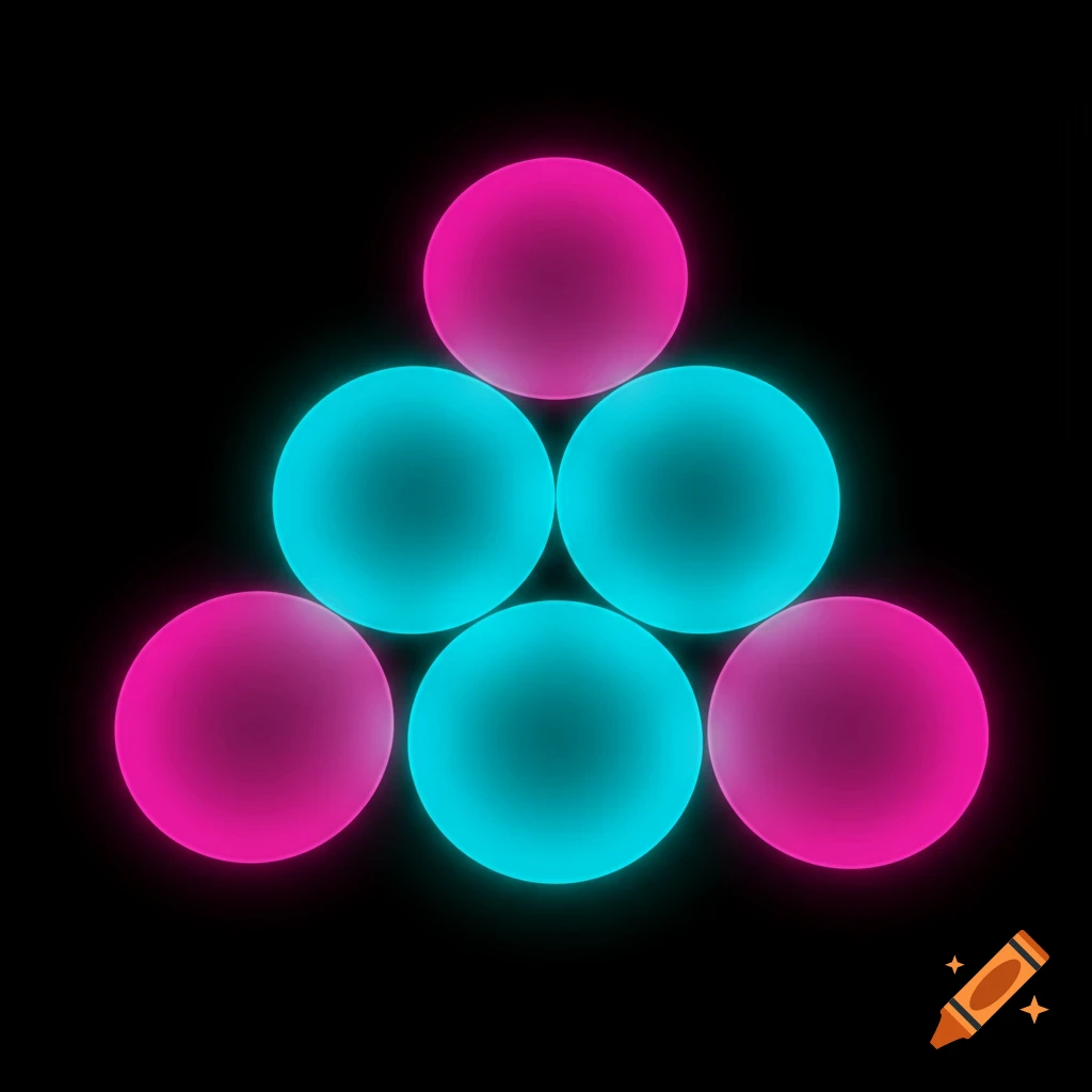 Six glowing spheres, three pink and three cyan, arranged in a triangular pyramid shape on a black background.