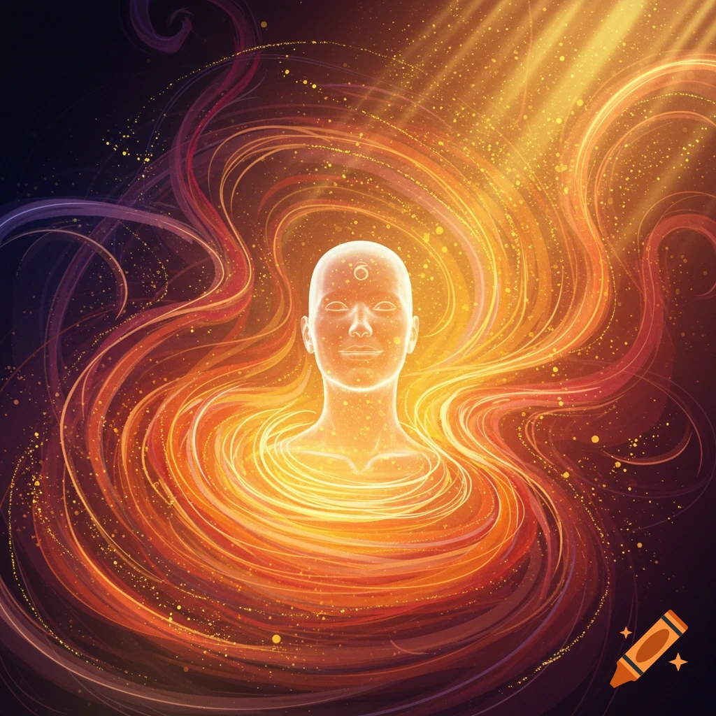 A glowing, ethereal human bust with a third eye mark, surrounded by swirling golden and orange energy streams and particles against a dark background with light rays from above.