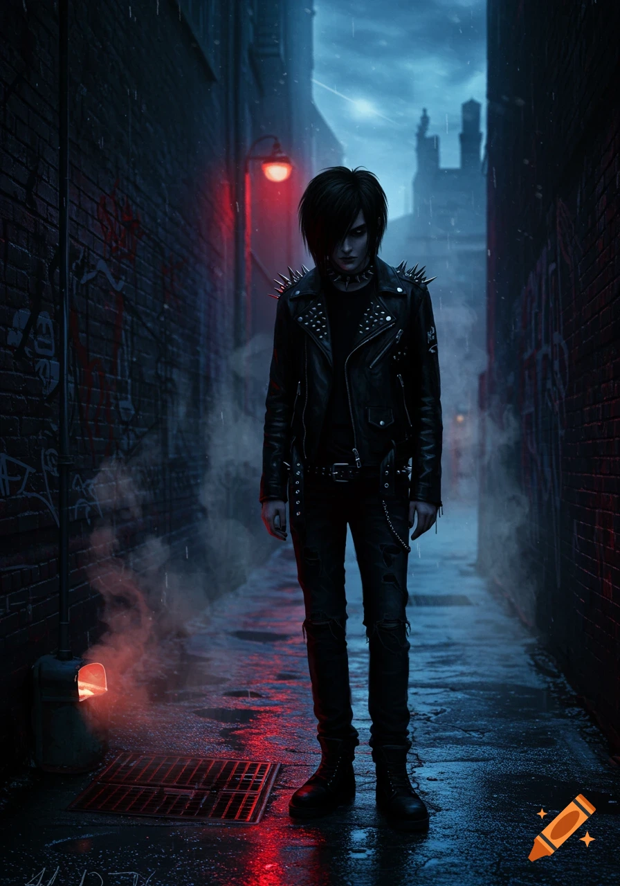 A person with black hair and a studded leather jacket stands in a dark, rainy alley illuminated by red and blue light.
