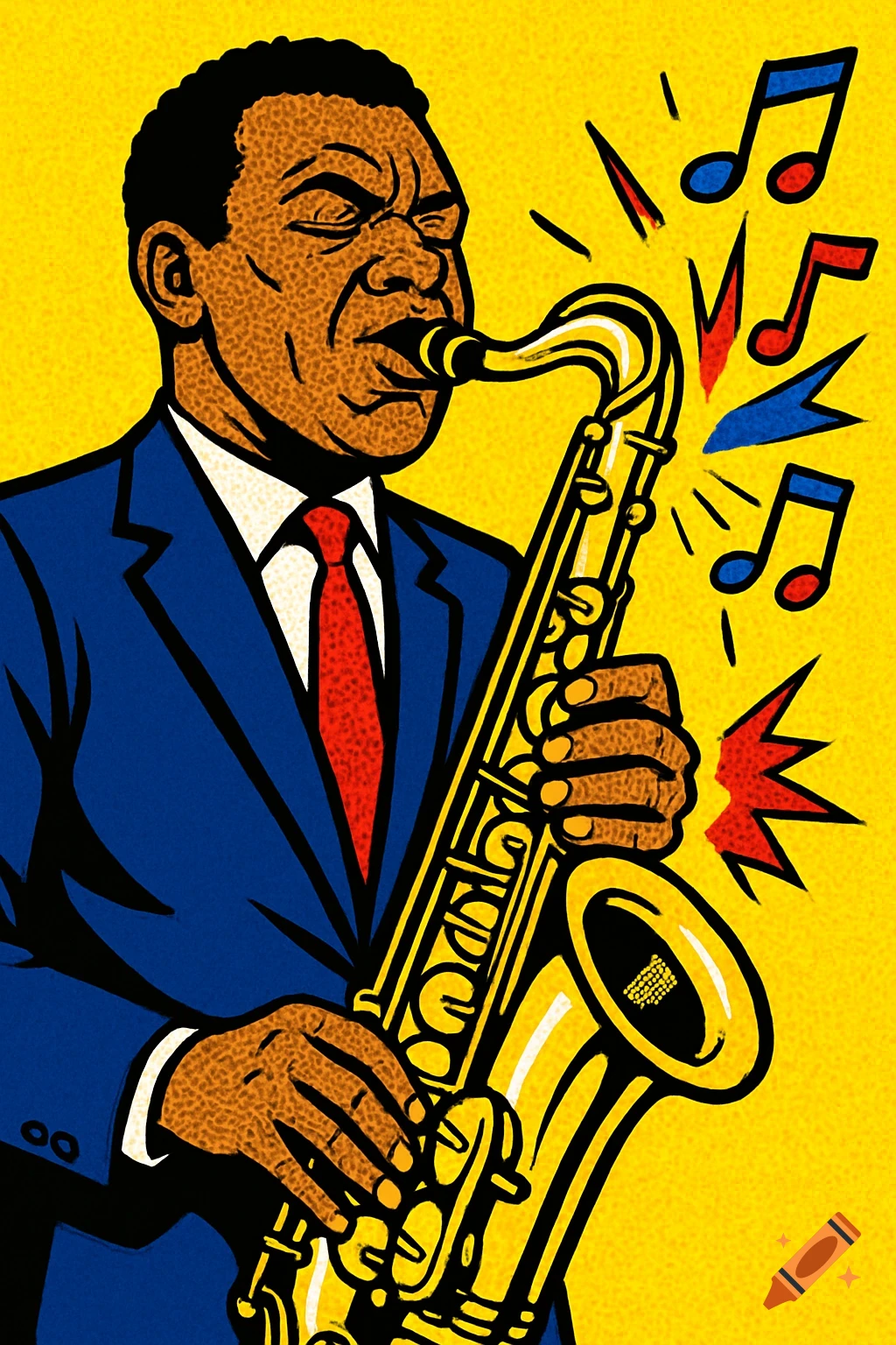 A Black jazz saxophonist playing in a vibrant Pop Art style, with bold outlines, Ben-Day dots, and primary colors.
