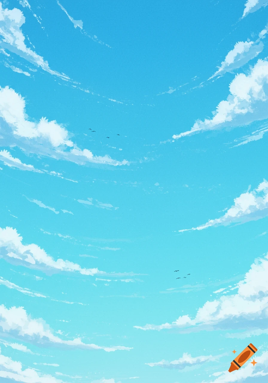 A vibrant blue sky is filled with fluffy white clouds and several small, dark birds flying.