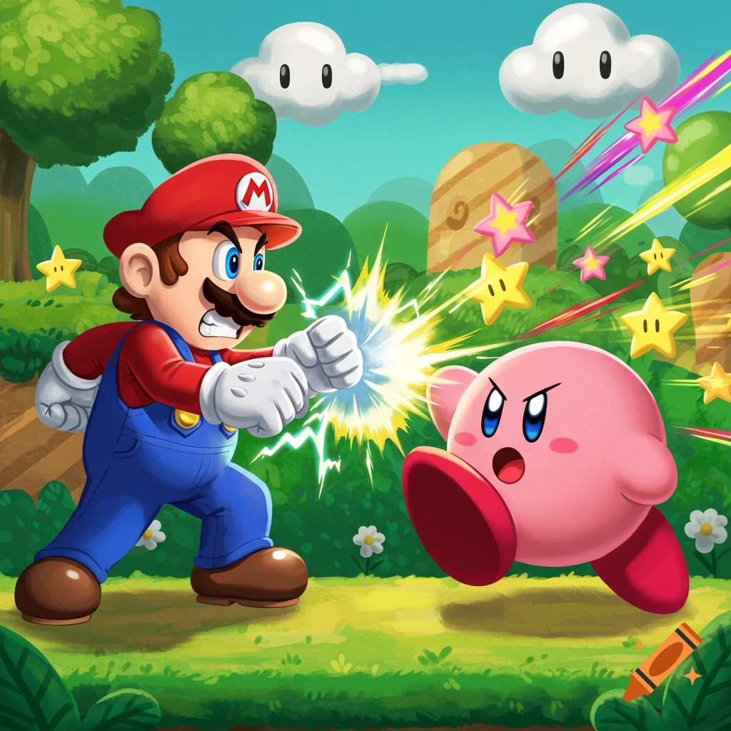 Cartoon Mario punching Kirby in a vibrant green landscape with stars and clouds.