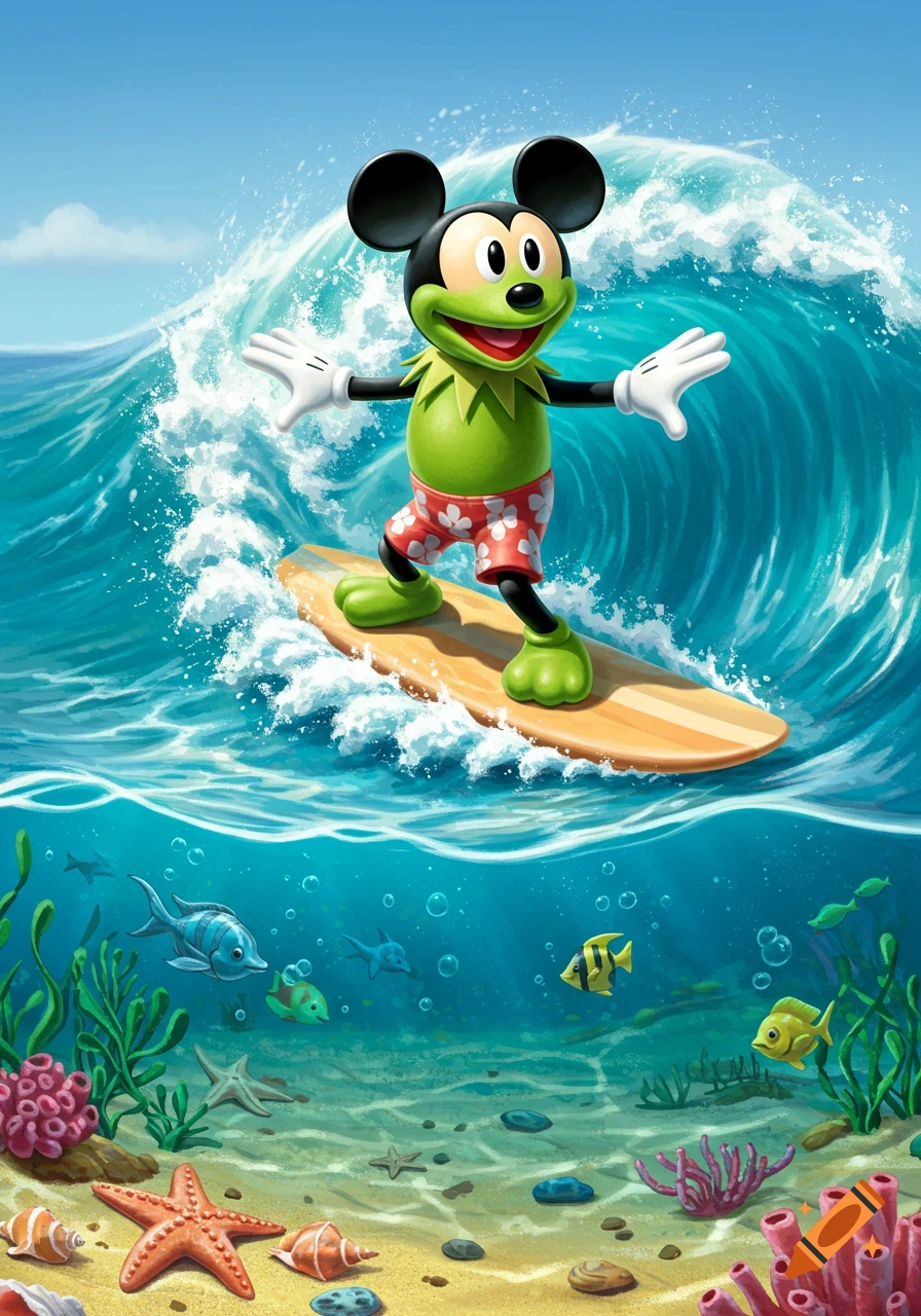 A cartoon Mickey Mouse-Kermit hybrid surfs a wave above a detailed underwater scene with fish, starfish, and coral.