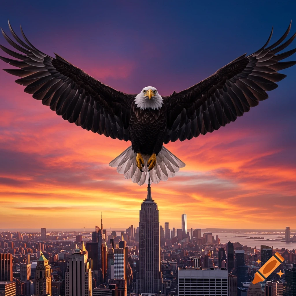 A majestic bald eagle with wings spread wide, flying over the Empire State Building at sunset with a vibrant sky.