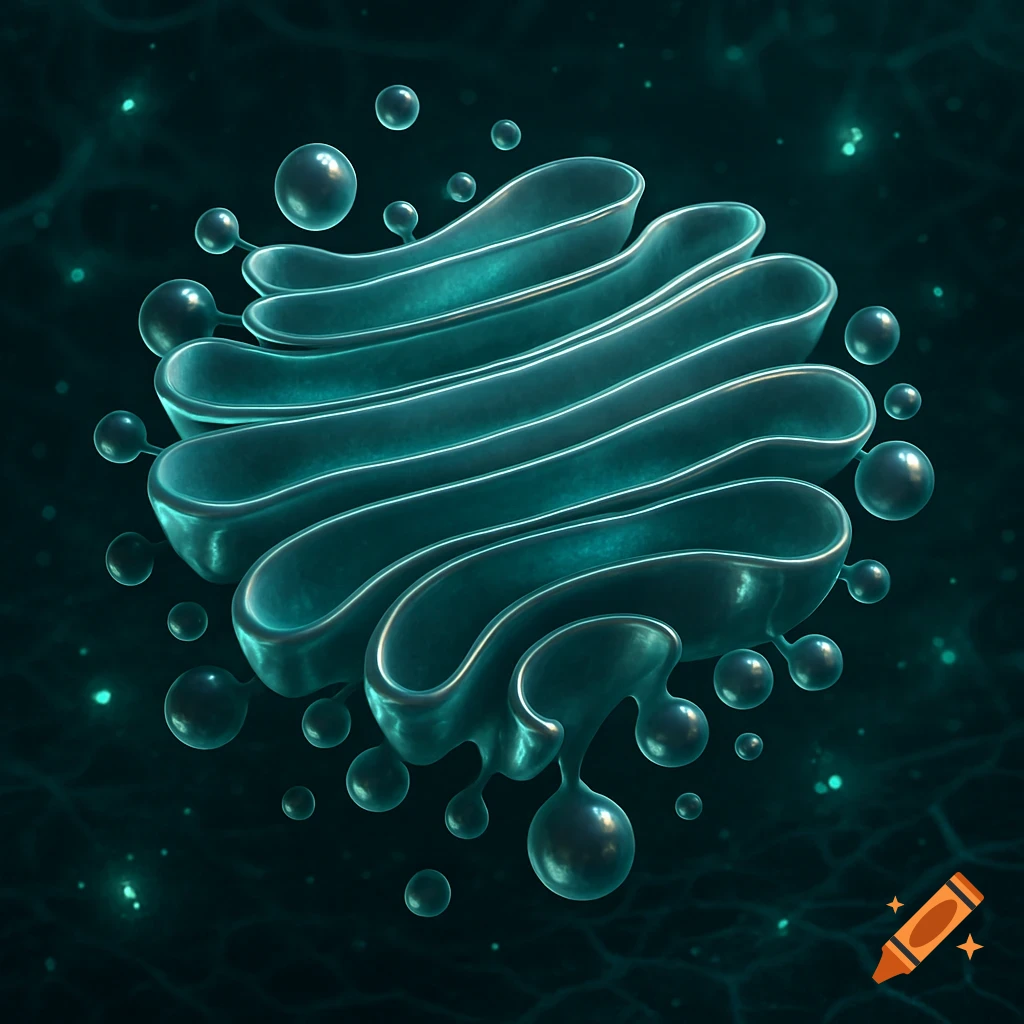 Stylized, glowing teal Golgi apparatus organelle with vesicles on a dark, patterned background.