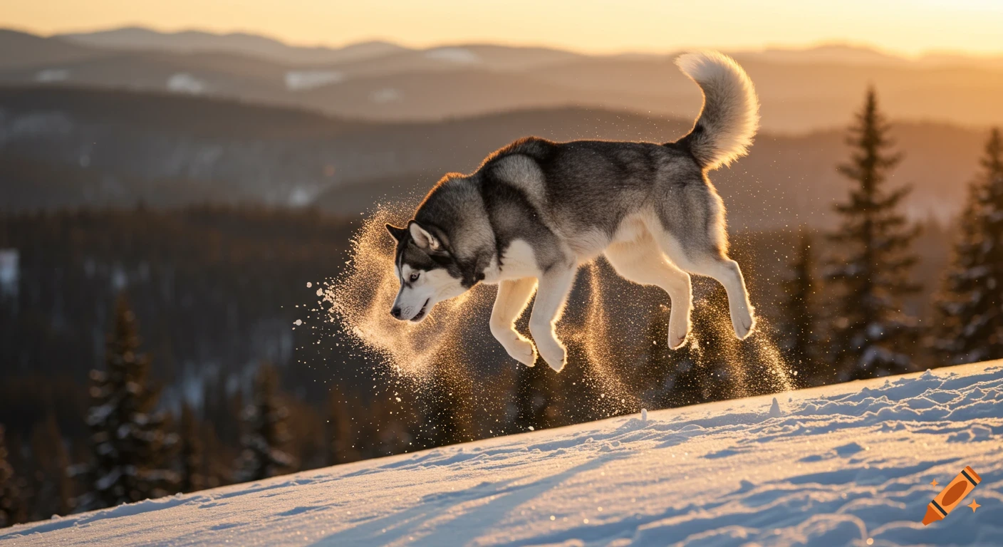 A Siberian Husky leaps through the air, kicking up snow on a snowy ridge during golden hour, with mountains and pine trees in the background.