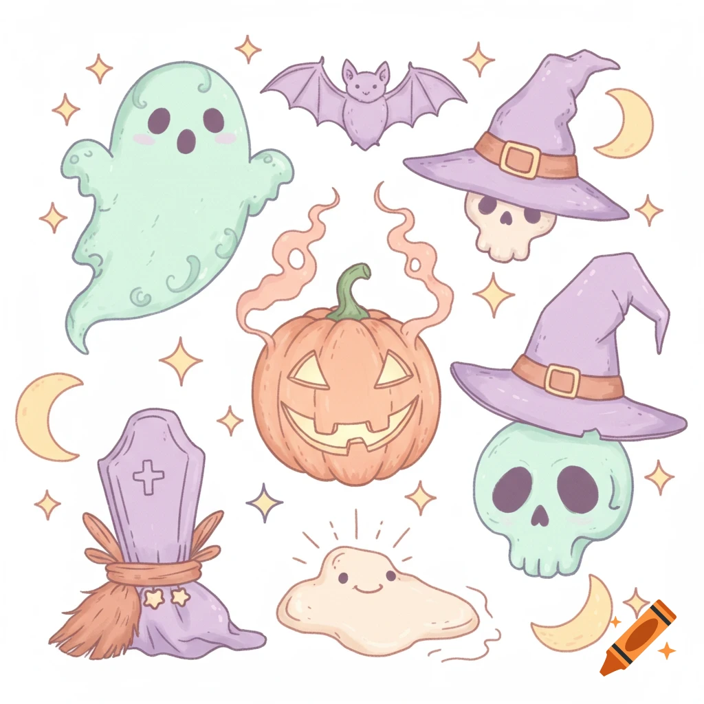A collection of cute pastel Halloween icons, including a ghost, jack-o'-lantern, bat, witch hats on skulls, a tombstone, and a smiling blob.