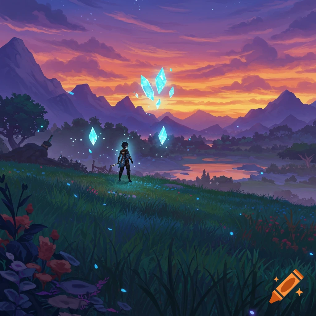 Stylized anime illustration of a character on a grassy hill, facing glowing blue crystals in a fantasy landscape with mountains and a sunset sky.