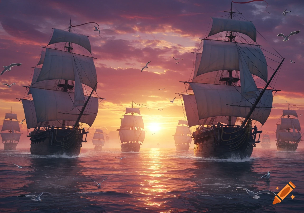 A fleet of large sailing ships navigates a calm sea at sunset, with seagulls flying overhead.