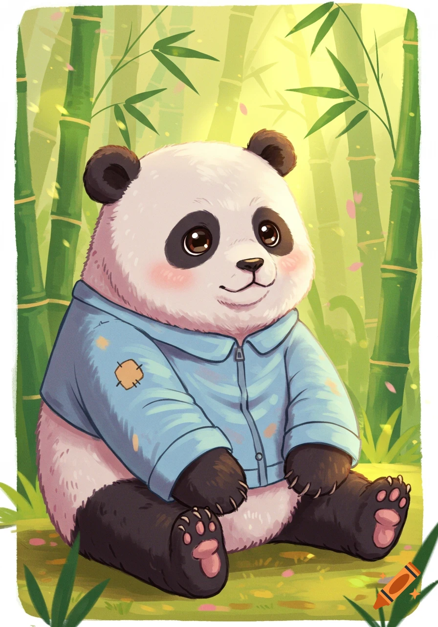A cute cartoon panda with rosy cheeks sits wearing a blue jacket in a bright bamboo forest, illustration.