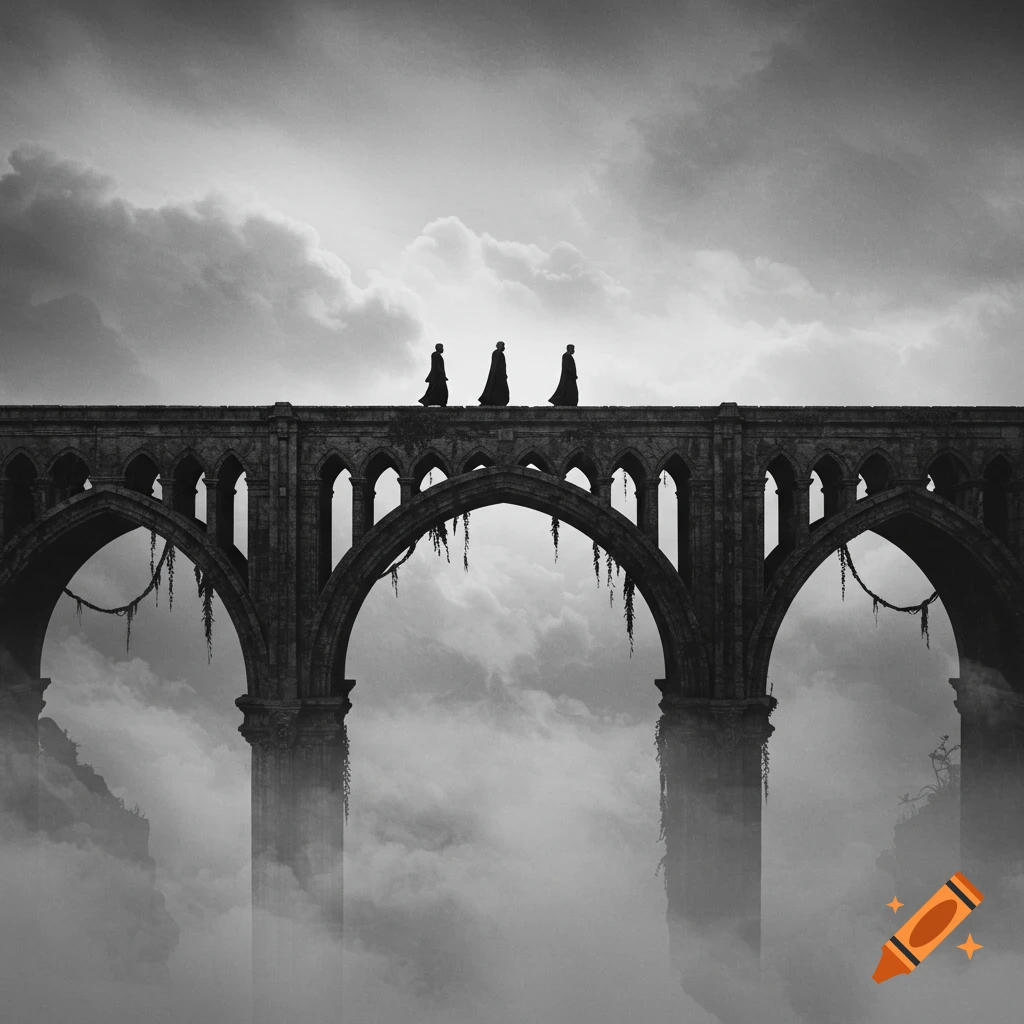 Three robed figures walk across a long, gothic-arched stone bridge shrouded in clouds, in a monochrome fantasy scene.