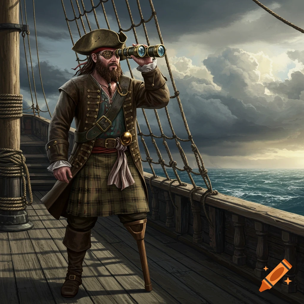 A bearded pirate with an eyepatch and peg leg on a ship's deck, looking through binoculars at the stormy sea.