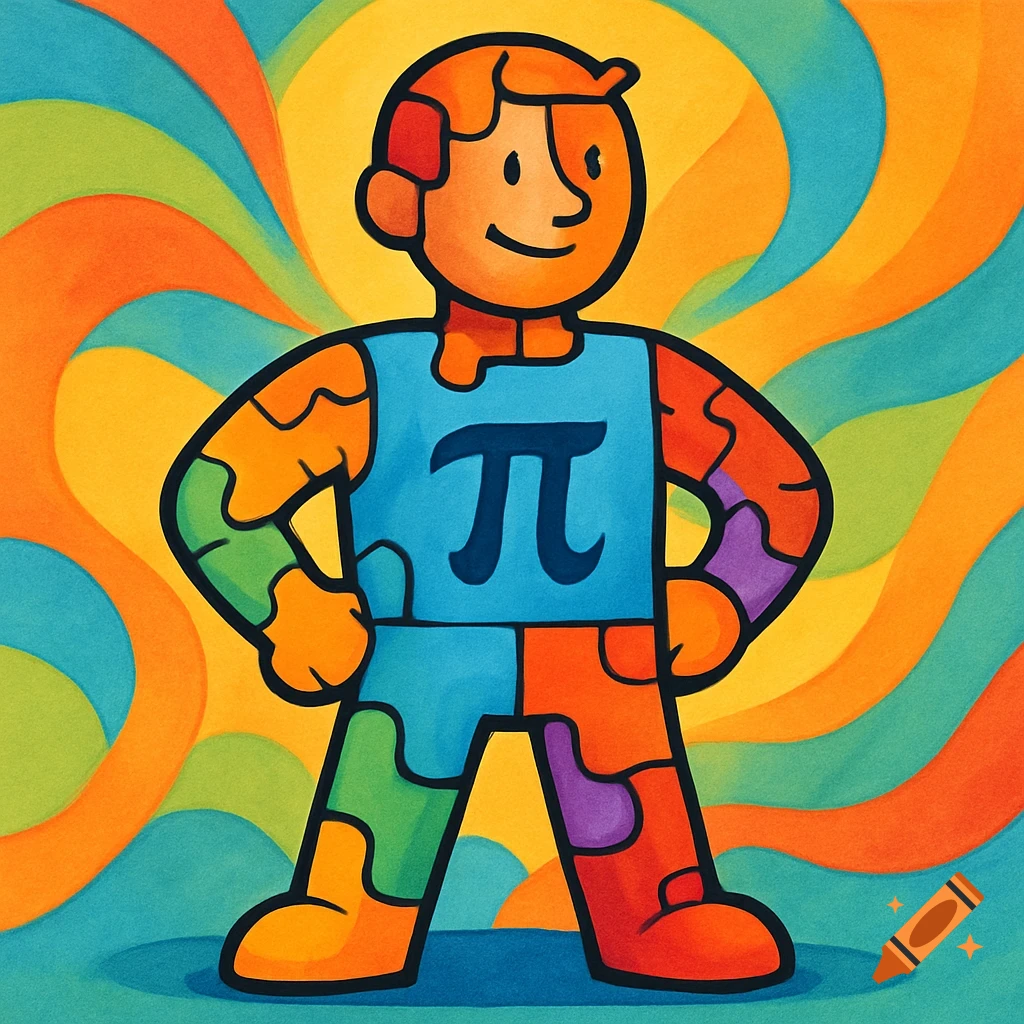 A colorful cartoon character resembling a puzzle piece person, wearing a blue vest with the pi symbol, against a vibrant swirling background.