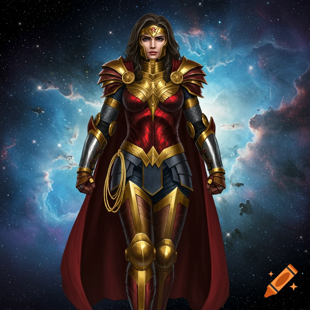 A formidable female character in golden and red Wonder Woman-inspired space marine armor stands against a starry nebula background.