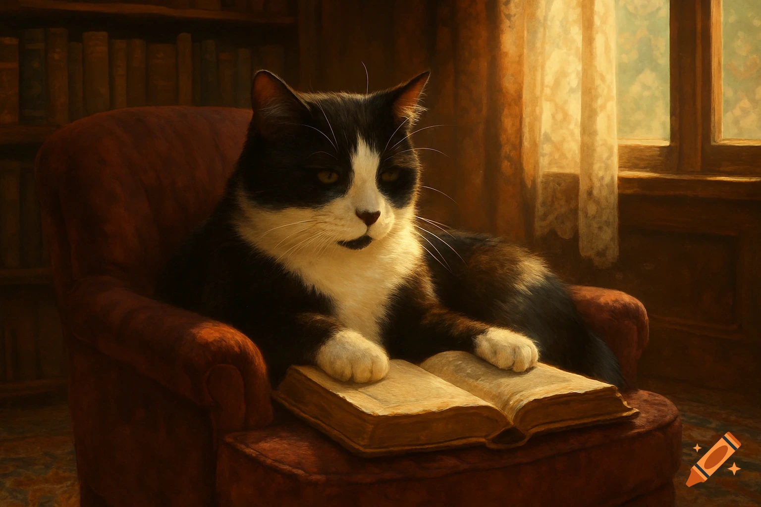 A black and white cat sits on a red armchair, its paws resting on an open book in a warm, dimly lit room with bookshelves.