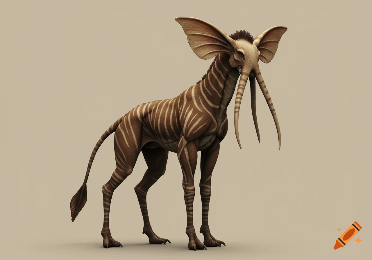 A photorealistic striped fantasy creature with large ears and multiple trunks stands on a plain background.