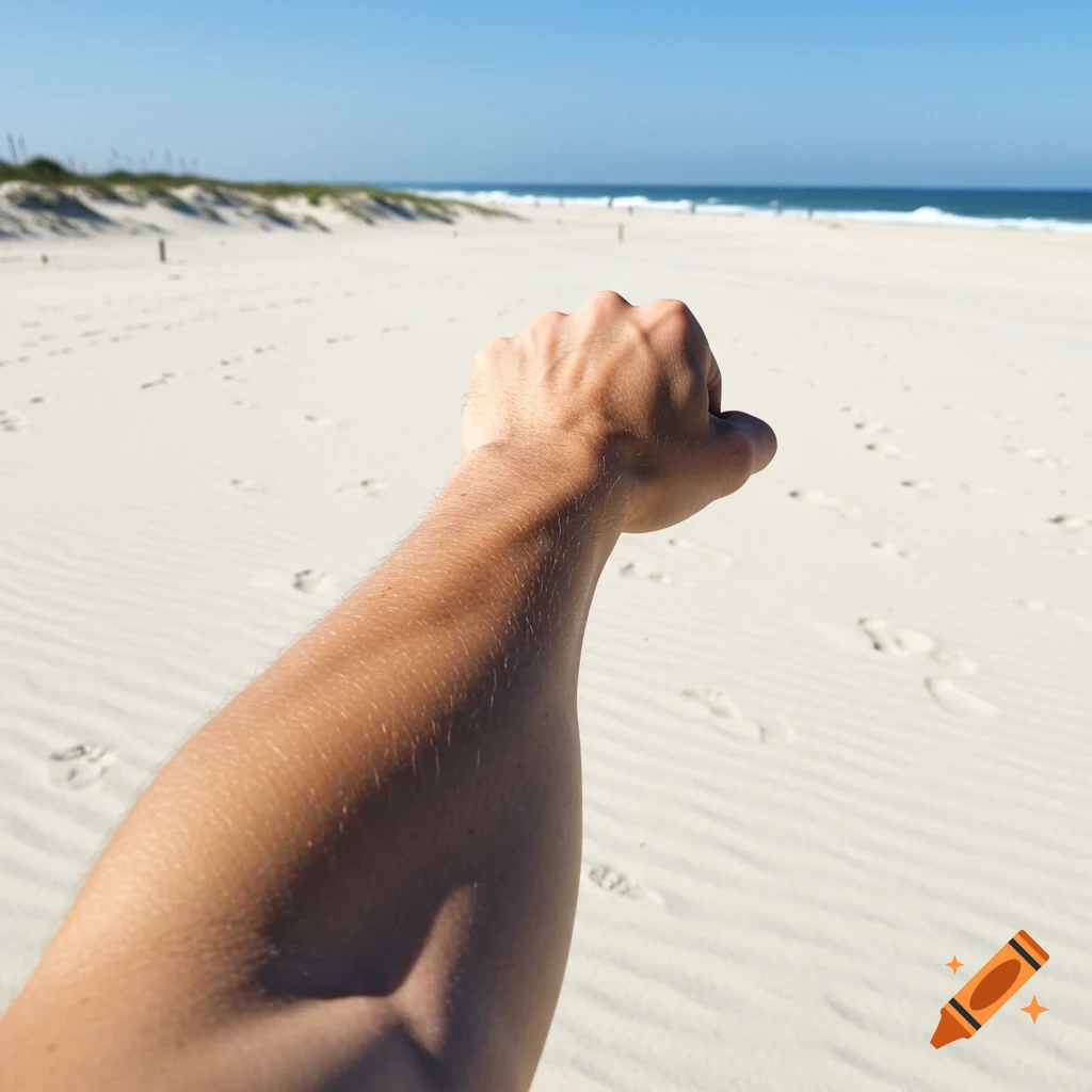 Close-up of a muscular arm and clenched fist reaching away from the camera on a bright beach day, with sand dunes and ocean in the background.