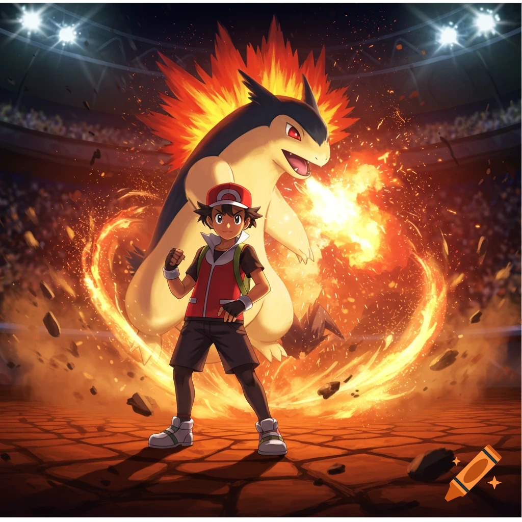 An anime illustration of Pokémon trainer Ash (Gold) and a flaming Typhlosion standing in a battle arena with fire effects.