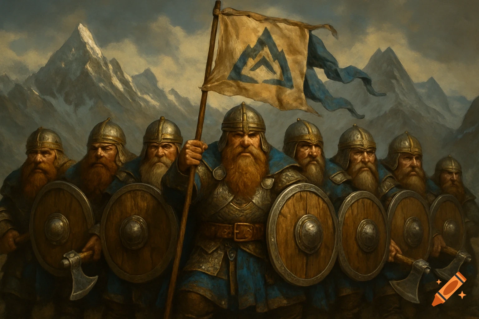 Seven dwarf warriors in a shield wall, holding axes and shields, one with a banner, against snowy mountains in a fantasy art style.