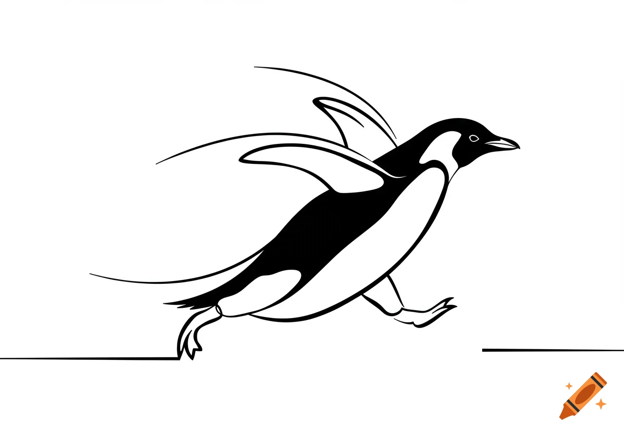 Black and white line art of a penguin running in profile with wings flapping.