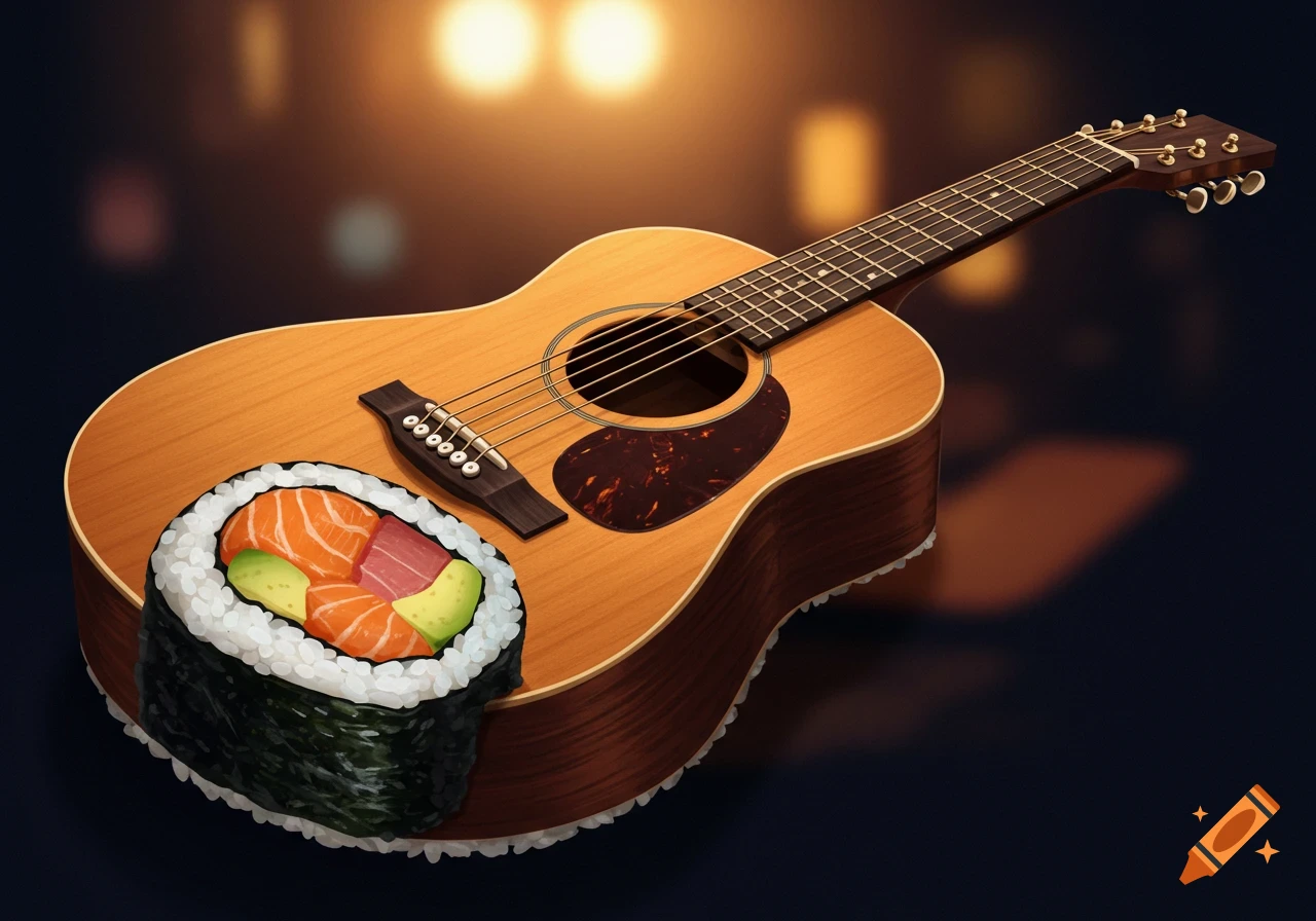 A large sushi roll containing salmon, tuna, and avocado rests on the body of an acoustic guitar.