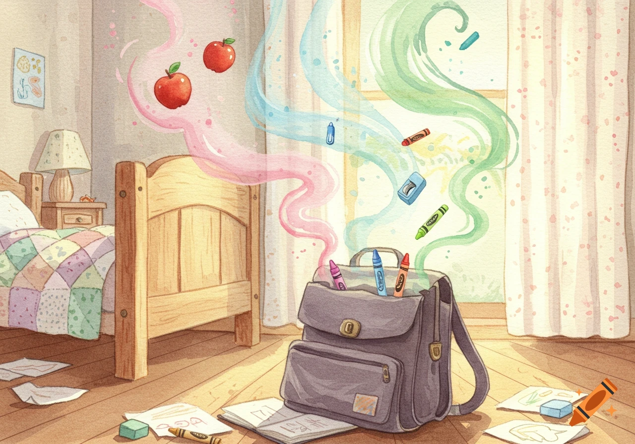 Watercolor illustration of an open school backpack in a child's room, with colorful fumes and school supplies like apples, crayons, and erasers floating out.