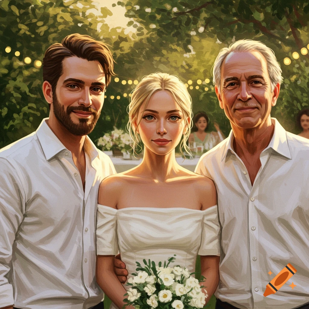A painterly digital art portrait of a bride in an off-the-shoulder dress, standing between her bearded husband and an older man, at an outdoor wedding reception with string lights.