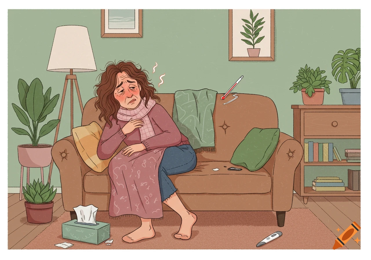 Cartoon illustration of a sick woman with a flushed face and messy hair, wrapped in a scarf and blanket, lying on a couch in a cozy living room with plants.