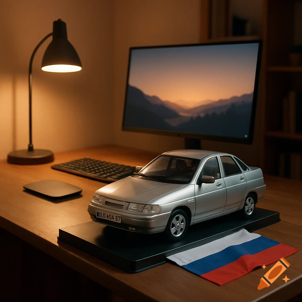 A silver model car on a black stand next to a Russian flag on a wooden desk, with a lit lamp and a computer monitor in the background.