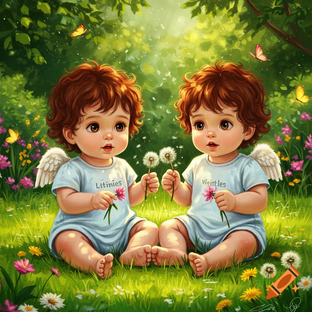 Two cartoon baby angels with brown curly hair and wings sit in a vibrant green meadow filled with colorful flowers and butterflies.