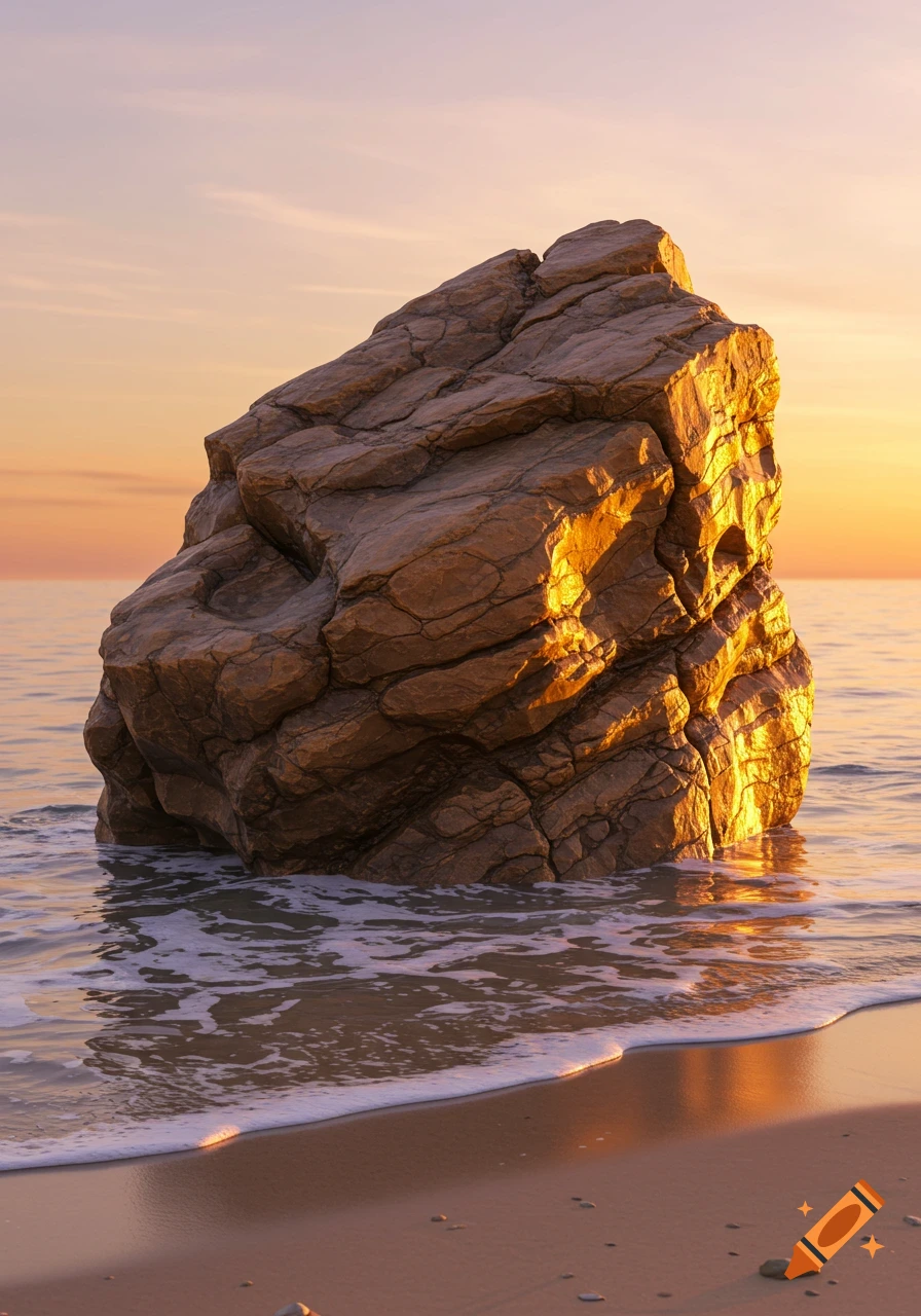 A large, rugged rock stands partially submerged in the ocean at sunset, with waves lapping onto a sandy beach.