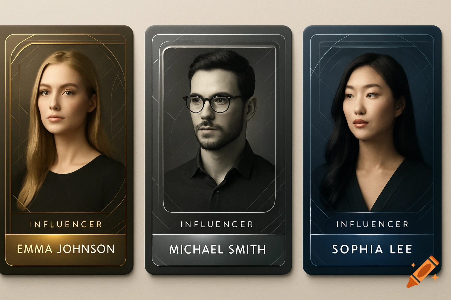 Three elegant trading cards featuring a blonde woman, a man with glasses, and an East Asian woman, each labeled 'INFLUENCER' with a name.