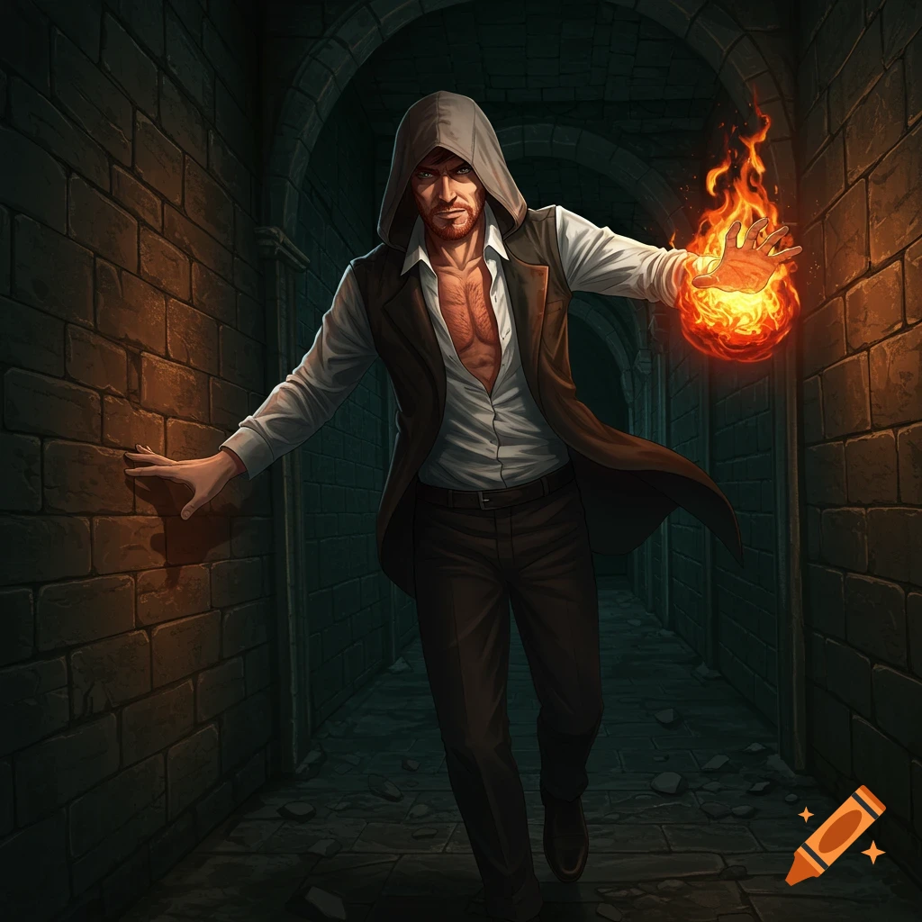 A hooded man with an open shirt walks through a dark dungeon hallway, conjuring a fiery orb in an anime style.