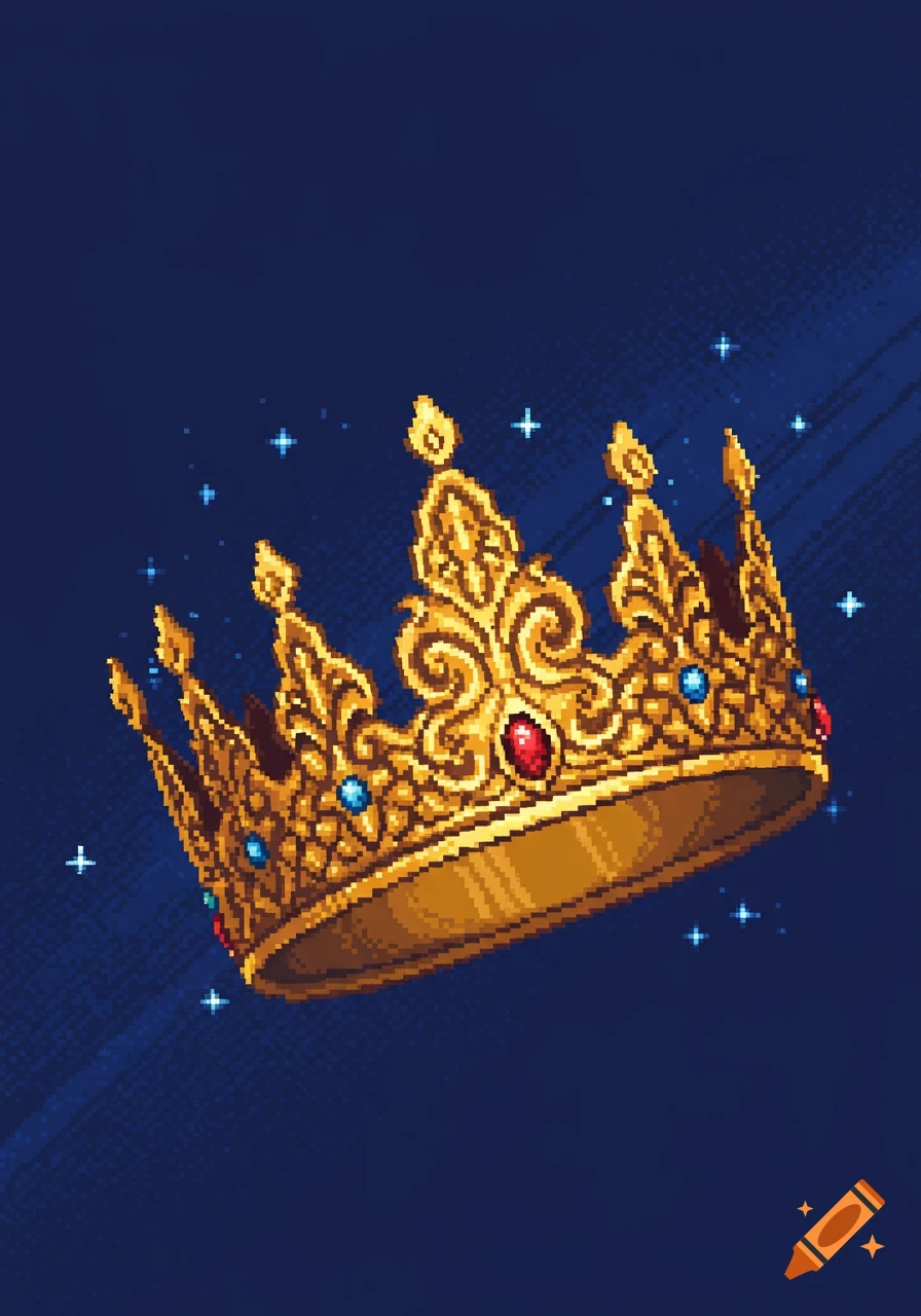 A pixel art golden medieval crown with red and blue jewels, floating on a dark blue starry background.