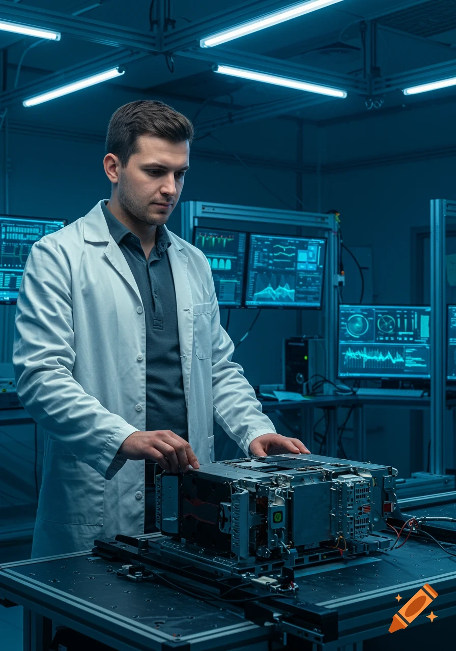 A man in a lab coat works on complex machinery in a dimly lit, blue-hued laboratory with data screens in the background.