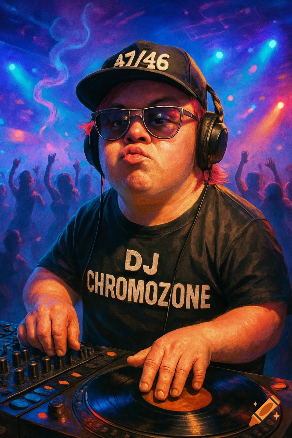 A stylized, vibrant portrait of a DJ with Down syndrome, pouting and wearing a '47/46' cap and 'DJ CHROMOZONE' shirt, mixing music in a club.