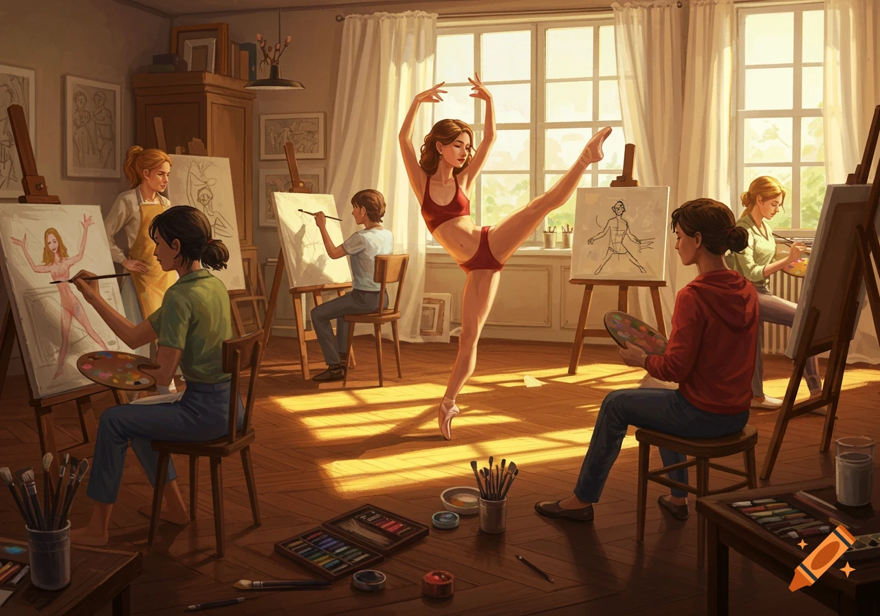 A ballet dancer poses in a sunlit art studio while several artists sketch her on easels, in a digital painting.