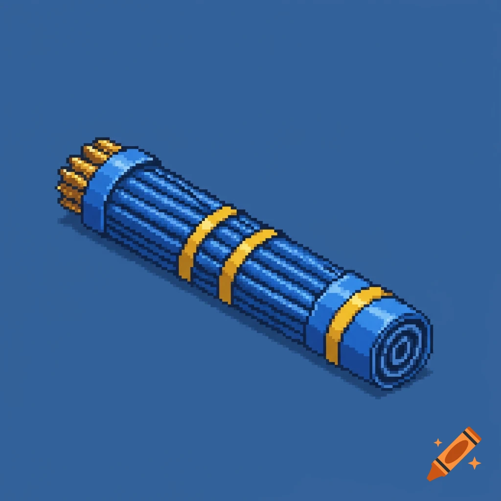 A pixel art image of a thick industrial blue cable with yellow warning stripes.