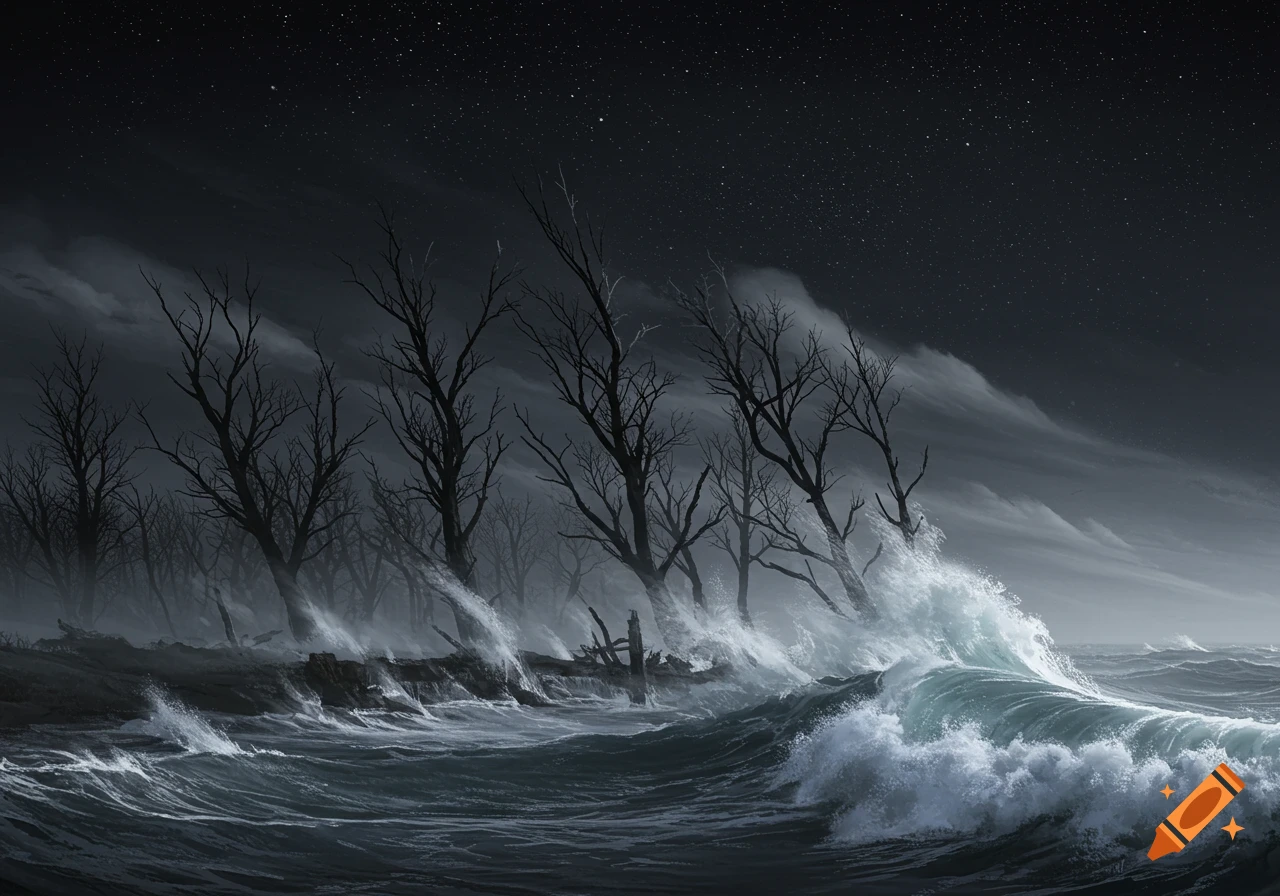 Stormy night ocean with crashing waves and bare trees under a star-filled sky, dramatic style.
