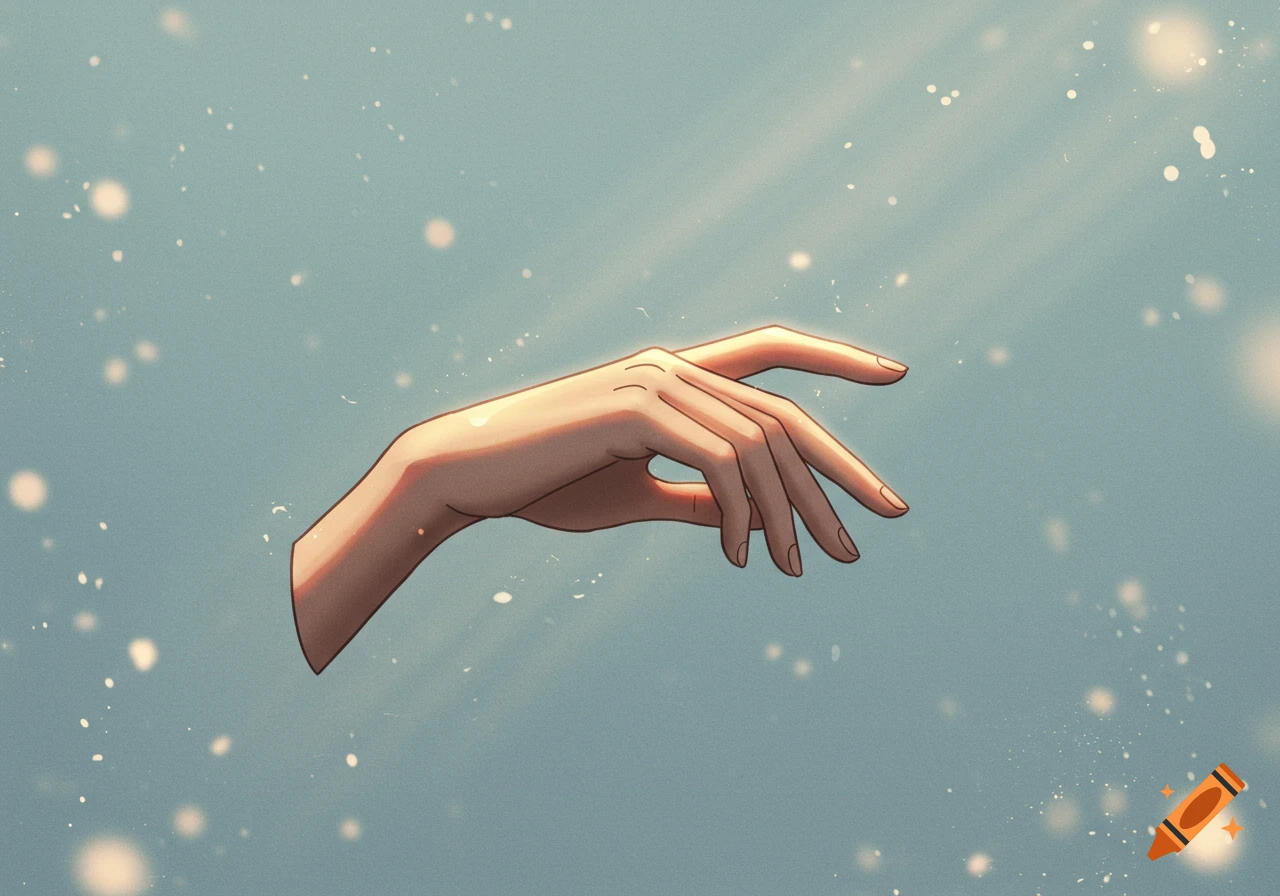 A stylized, delicate hand with light skin tones extended against a light blue background with sparkling bokeh effects.