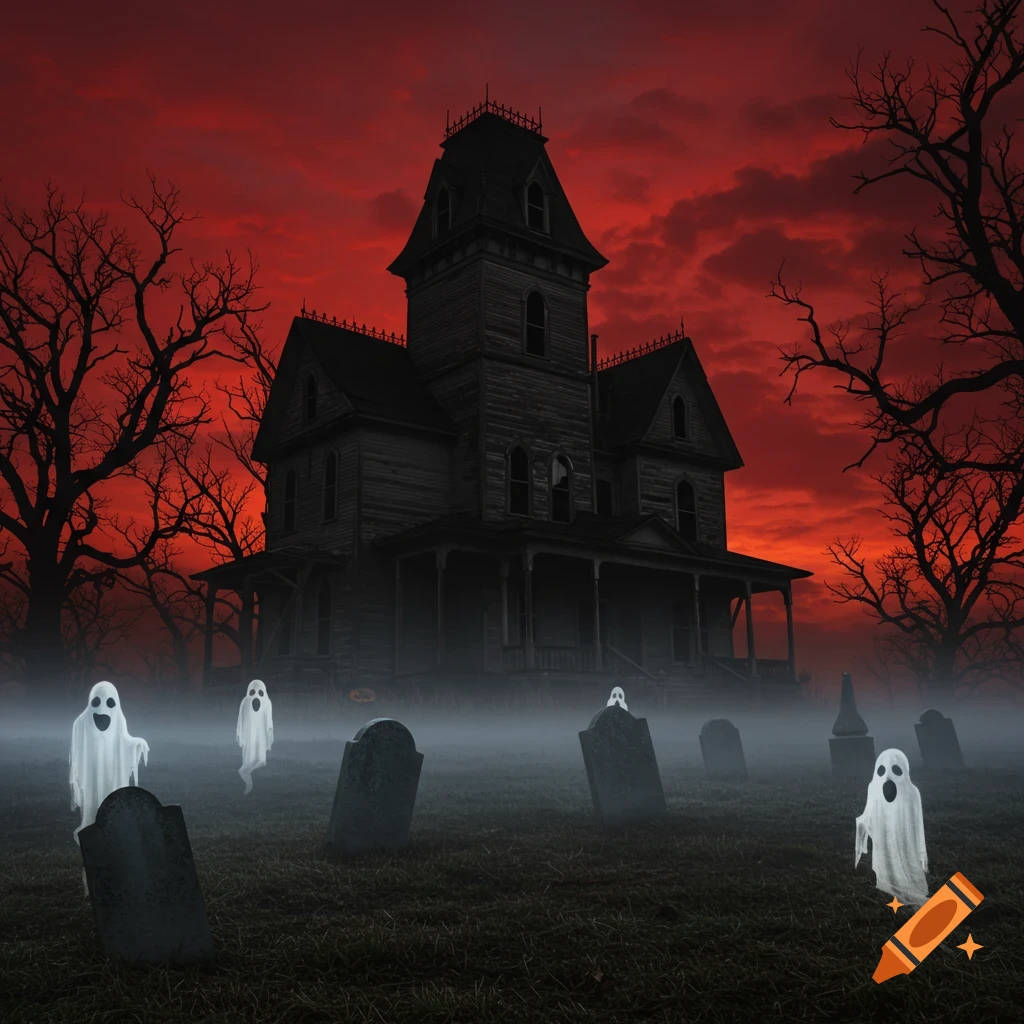 A dark haunted house under a dramatic red sky, surrounded by bare trees. Fog covers a graveyard with gravestones and four floating white ghosts.