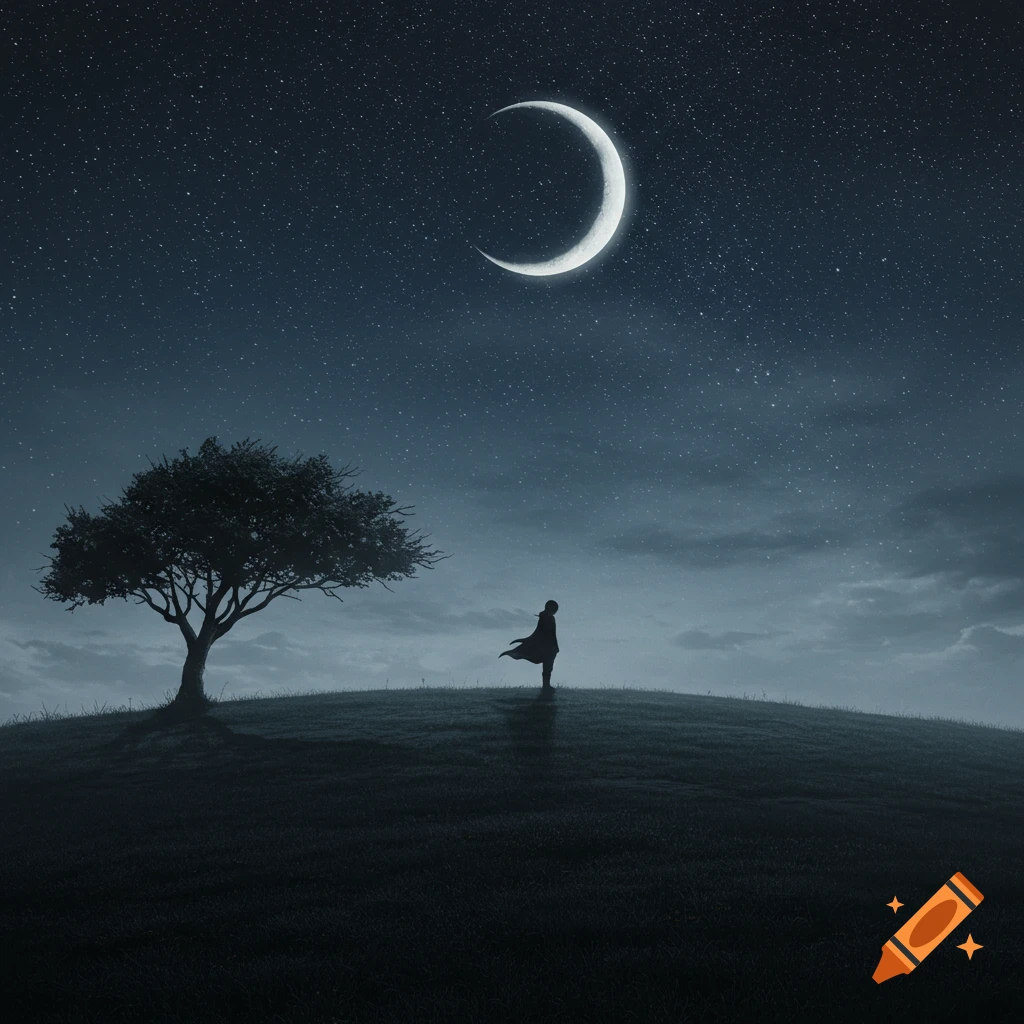 A silhouette of a person standing on a grassy hill next to a tree under a large crescent moon and starry night sky.