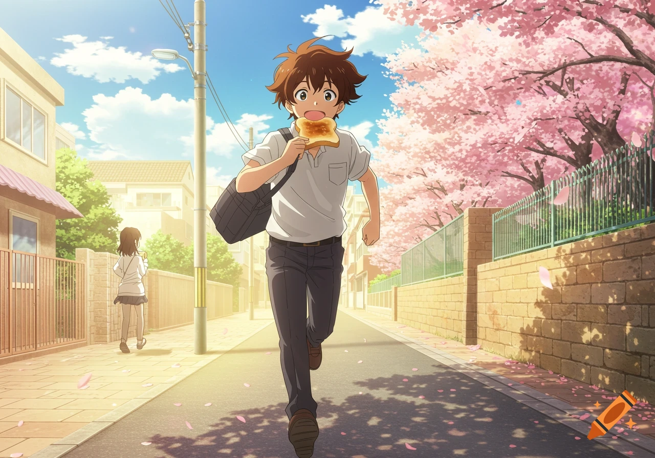An anime boy runs down a cherry blossom-lined street on a sunny day, eating a piece of toast, with a girl walking in the background.