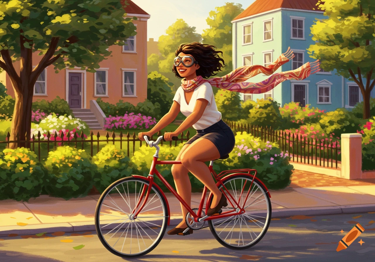A smiling woman with goggles and a scarf rides a red bicycle on a sunny street with houses and lush gardens, in an illustration.