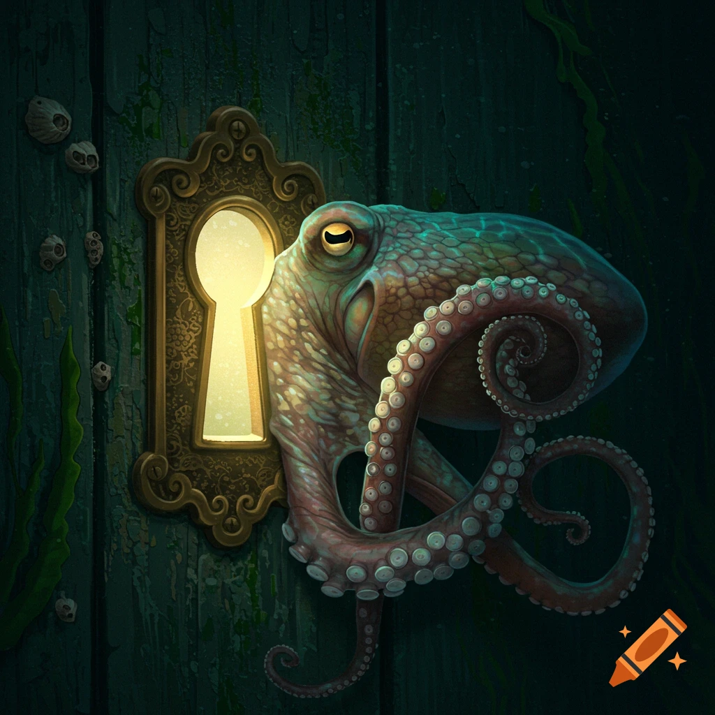 A detailed illustration of a teal and brown octopus peeking its head and tentacles through an ornate keyhole in a dark wooden door.