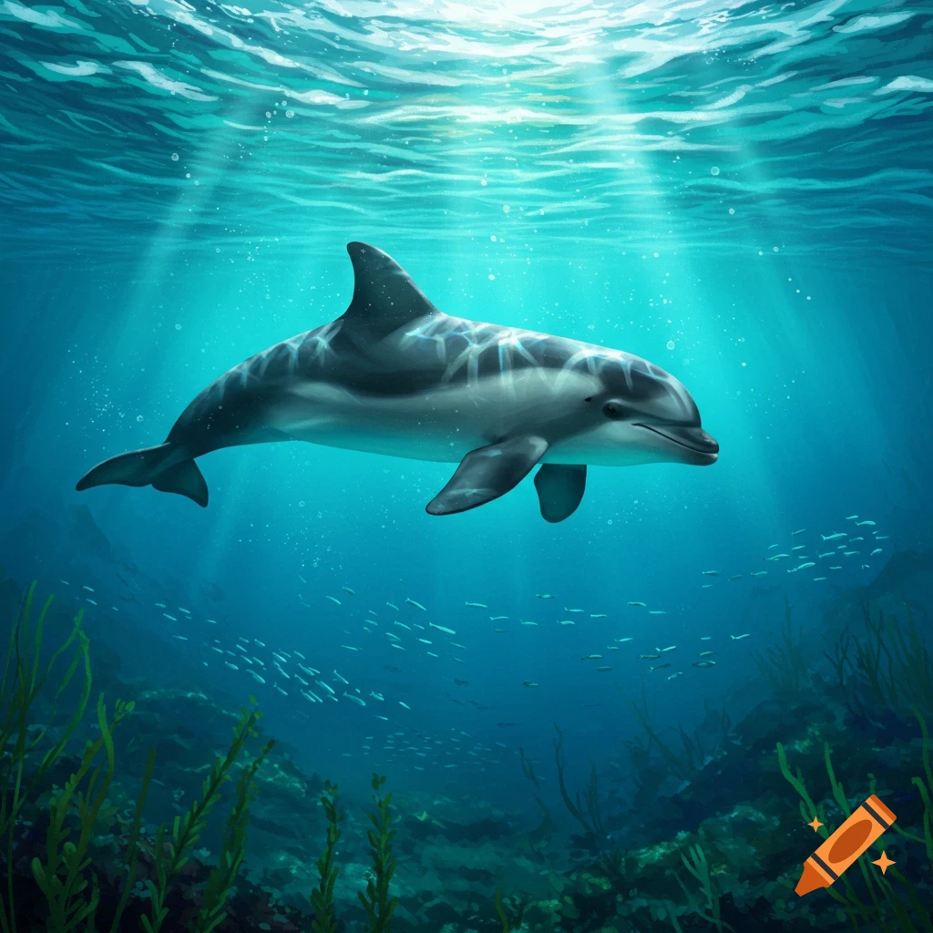 A harbor porpoise swims gracefully underwater, with sunrays penetrating the turquoise water and schools of small fish below.